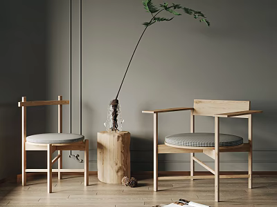 Gray Cushioned Wooden Chair Table Set With Green Plant On Gray Wall Wooden Floor 3d model