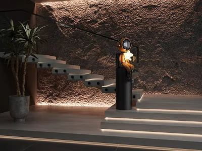 Modern Staircase Design With Metal Railing Stone Wall Green Plant And Step Lighting 3d model