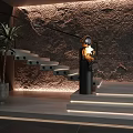 Modern Staircase Design With Metal Railing Stone Wall Green Plant And Step Lighting