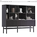 Modern Slatted Bookcase With Dark Finish Open Compartments Decorative Books Vases And Ceramic Mug