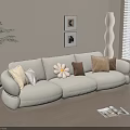 Three Seater Beige Sofa With Throw Pillows Flower Shaped Cushion Floor Lamp And Green Plant