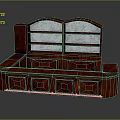 Wooden Bar Counter Design with Arched Glass Doors Upper Cabinets Lower Drawers and Mahogany Storage