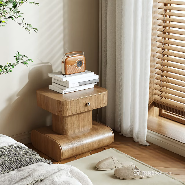 Wooden Bedside Table With Radio And Stack Of Books Near Curtains Blinds In Cozy Bedroom 3d model 