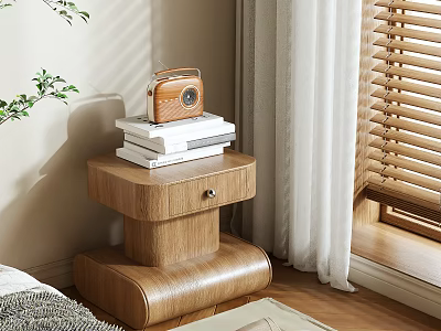 Wooden Bedside Table With Radio And Stack Of Books Near Curtains Blinds In Cozy Bedroom 3d model