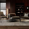 Modern Gray Fabric Accent Chairs With Plush Cushions Wooden Bookshelf Floor Lamp And Area Rug