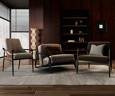 Modern Gray Fabric Accent Chairs With Plush Cushions Wooden Bookshelf Floor Lamp And Area Rug 3d model