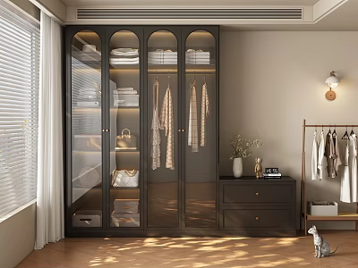 Modern Glass Door Wardrobe With Hanging Folded Clothes And Storage Design For Elegant Bedroom Organization 3d model