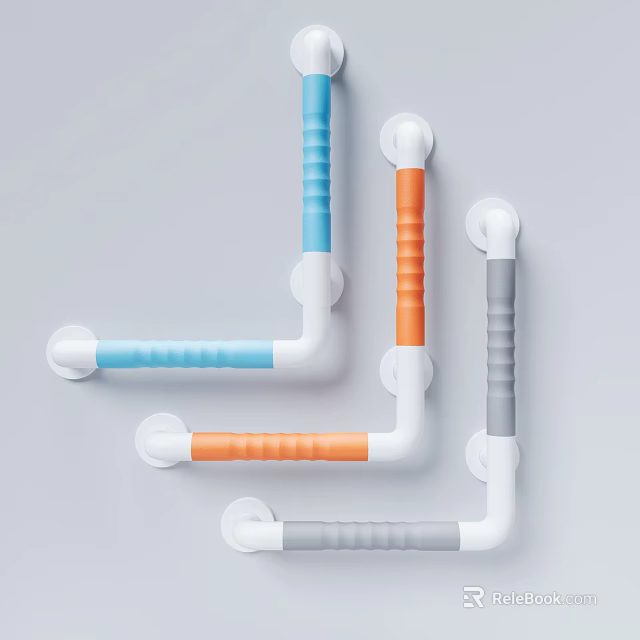 Colorful Bathroom Safety Grab Bars With Blue Orange Gray Textured Handles And White Bases 3d model 