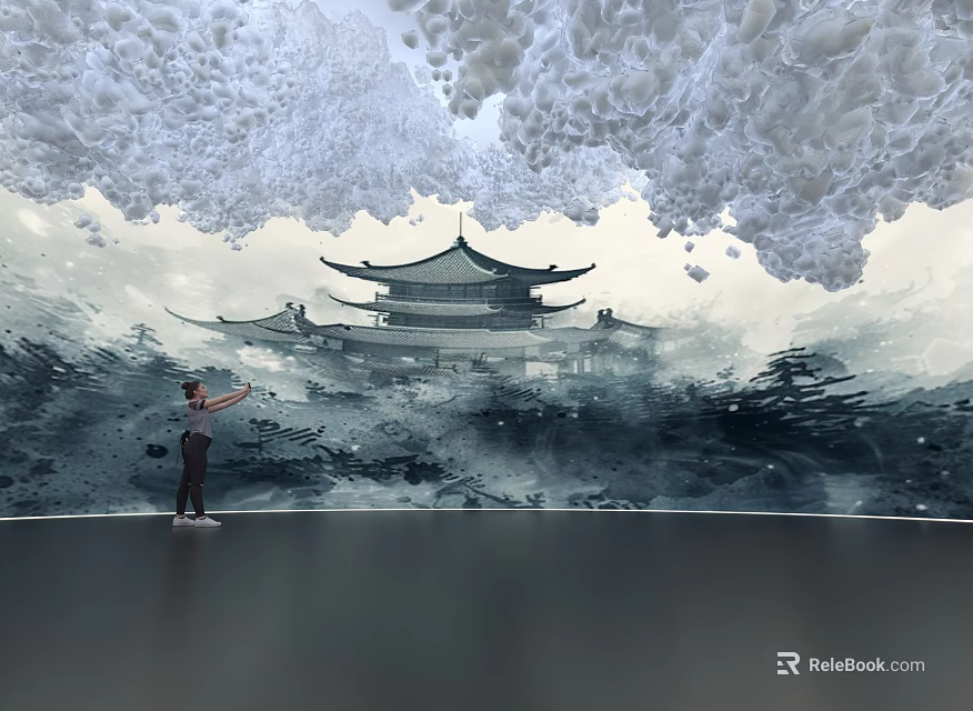 Cloud Like Misty Art Installation With Traditional Eastern Pavilion And Immersive Human Interaction 3d model 