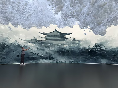 Cloud Like Misty Art Installation With Traditional Eastern Pavilion And Immersive Human Interaction 3d model