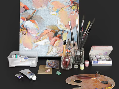 Professional Art Painting Tools With Canvas Brushes Palette And Paint Tubes 3d model