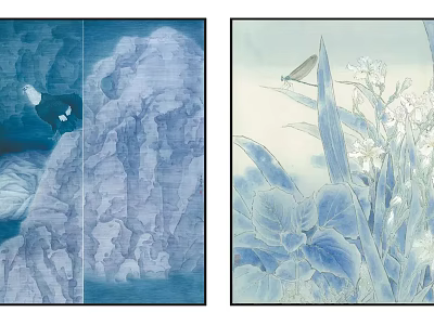 Two Panel Blue Tone Traditional Artwork Featuring Rock Formations Butterflies And Plants 3d model