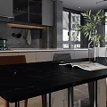 Modern Living Dining Room Interior With Black Marble Table Chairs And Green Plant