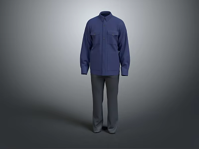 Blue Long Sleeve Shirt And Gray Pants Casual Outfit For Everyday Wear 3d model