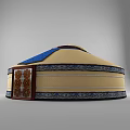 Traditional Yurt With Circular Structure Beige Body Blue Patterns And Wooden Carved Door