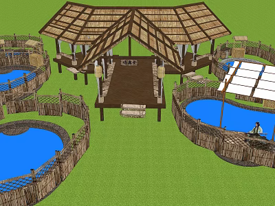 Outdoor Leisure Area With Thatched Roof Pavilion And Circular Blue Pools 3d model