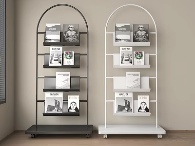 Black And White Display Shelves With Multiple Tiers And Wheels For Magazines In Indoor Setting 3d model