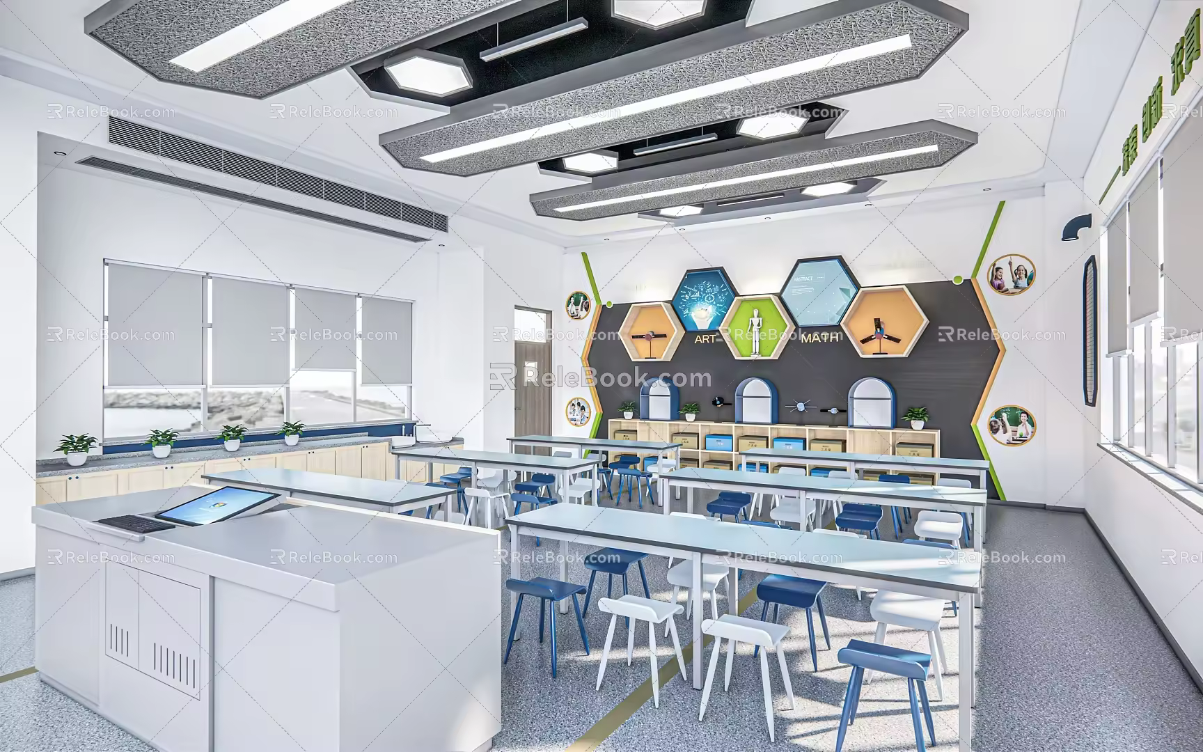 modern classroom desks and chairs combination experimental classroom laboratory 3d model
