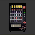 Black Vending Machine With Colorful Beverage Cans On Multiple Shelves And Product