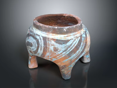 Traditional Clay Pottery With Three Legs And Spiral Brown White Patterns 3d model