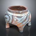 Traditional Clay Pottery With Three Legs And Spiral Brown White Patterns