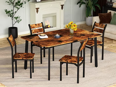 Cozy Restaurant Dining Area With Wooden Table Four Chairs Yellow Flowers Green Plants And Fireplace 3d model