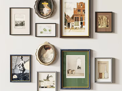 Eclectic Framed Art Collection On White Wall With Mixed Styles And Shapes 3d model