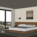 Modern Bedroom Interior With Wooden Headboard Floor to Ceiling Windows And Decorative Artwork