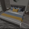 Modern Double Bed Interior With Gray Headboard Blue Yellow Bedding Nightstands Lamps And Window