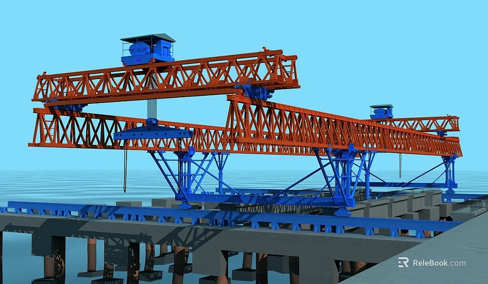 Heavy Duty Utility Vehicle With Orange Truss Structure And Blue Control Cabin For Bridge Construction 3d model 