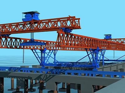 Heavy Duty Utility Vehicle With Orange Truss Structure And Blue Control Cabin For Bridge Construction 3d model