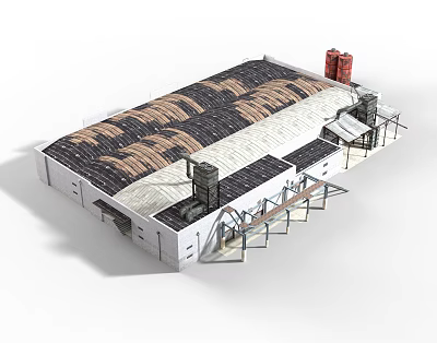 Industrial Factory Building With Sloped Roof Red Towers External Pipes And Structural Supports 3d model