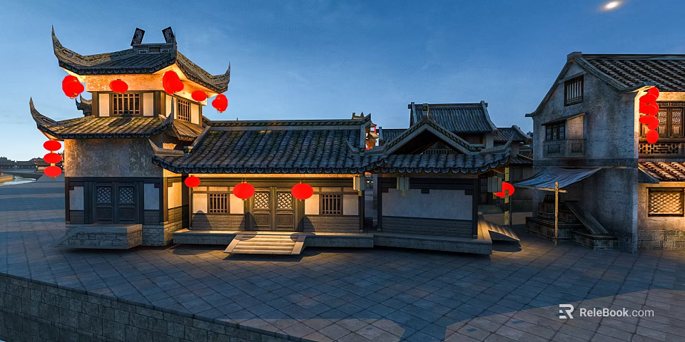 Traditional Chinese Ancient Architecture With Curved Roof Red Lanterns And Stone Courtyard 3d model 