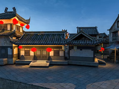 Traditional Chinese Ancient Architecture With Curved Roof Red Lanterns And Stone Courtyard 3d model