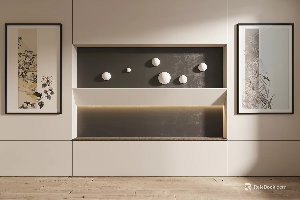 Modern Wall Decor With Built In Display Shelf White Spherical Ornaments And Floral Artworks 3d model 