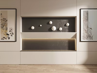 Modern Wall Decor With Built In Display Shelf White Spherical Ornaments And Floral Artworks 3d model