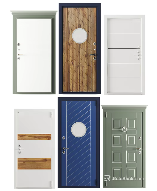 Modern Swing Doors With Wooden Panels Circular Glass And Colorful Finishes 3d model 