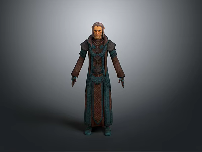 Detailed 3D Fantasy Character Wearing Long Robe With Green Red Design 3d model