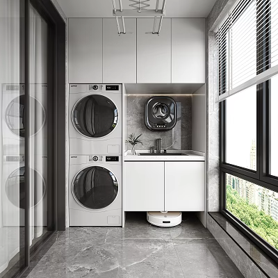Home Balcony Laundry Area With Stacked Washer Dryer Sink And Smart Control Panel 3d model