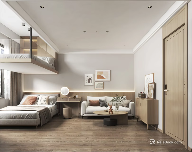Modern Apartment Interior Design With Loft Bed Sofa Coffee Table And Paintings 3d model 