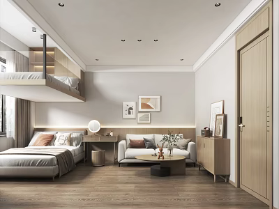 Modern Apartment Interior Design With Loft Bed Sofa Coffee Table And Paintings 3d model