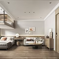 Modern Apartment Interior Design With Loft Bed Sofa Coffee Table And Paintings 3d model