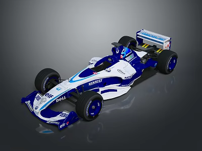 Blue and White Single Seater Racing Car With Sponsor Logos And Rear Wing 3d model
