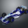 Blue and White Single Seater Racing Car With Sponsor Logos And Rear Wing