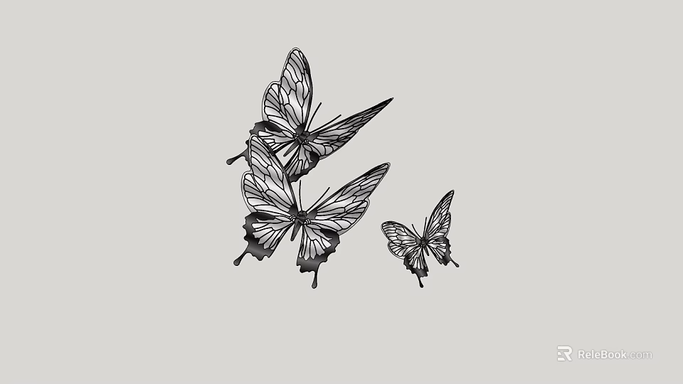 Three Elegant Flying Butterflies With Black Outline And Detailed Wing Patterns 3d model 