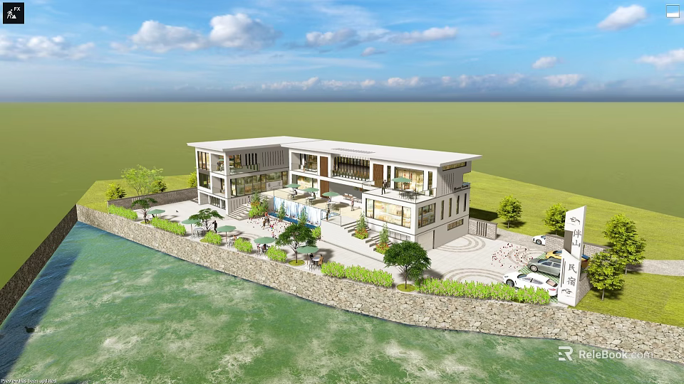 Modern Waterfront Guesthouse Building With Greenery Courtyard And Parking Area 3d model 