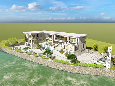 Modern Waterfront Guesthouse Building With Greenery Courtyard And Parking Area 3d model