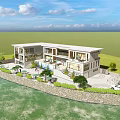Modern Waterfront Guesthouse Building With Greenery Courtyard And Parking Area