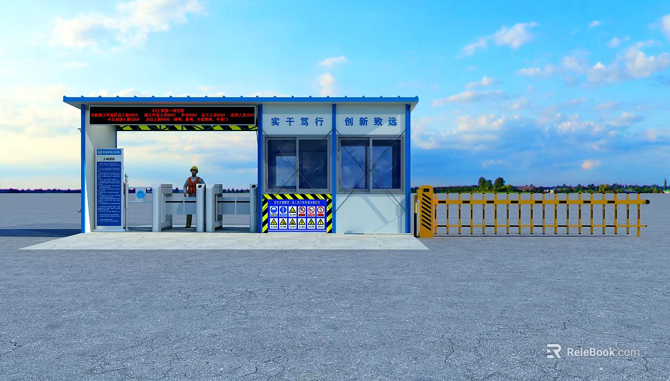 Security Entrance Gate With Booth Barrier Gate And Staff In Outdoor Area 3d model 