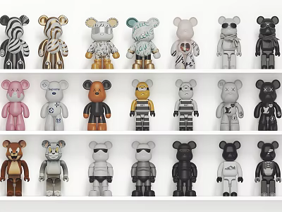 Unique Carved Bear Sculptures With Various Colors And Artistic Patterns 3d model